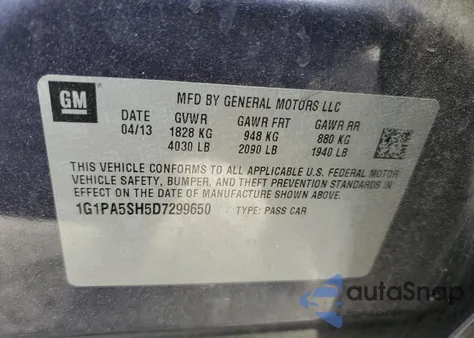 2013 Chevrolet Cruze Ls from USA, damaged, VIN 1G1PA5SH5D7299650